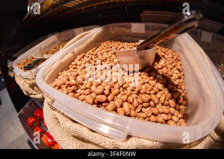 Raw organic peanuts in shell inside transparent plastic storage container Stock Photo