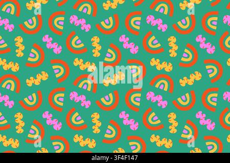 Funky Seamless Pattern with Rainbows and Lines. Stock Vector