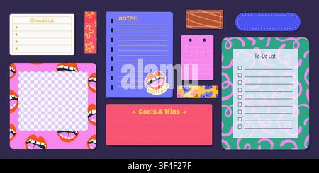 Set of Funky Digital Paper Notes and Stickers. Stock Vector