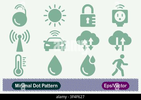 Minimal Dot Pattern Smart City IoT Network, Environmental Monitoring, Connected Vehicle, and Cloud Data Vector Icons Set Stock Vector