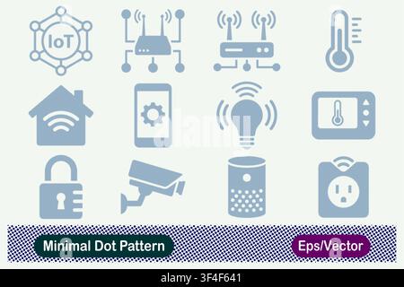 Minimal Dot Pattern Smart Home IoT Network, Wireless Router, Smart Lighting, and Automation Vector Icons Set Stock Vector