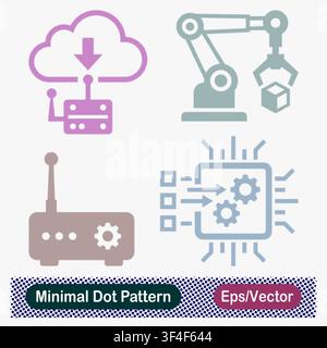 Minimal Dot Pattern Cloud Download, Robotic Arm Automation, Smart Router, and Microchip Data Processing Vector Icons Set Stock Vector