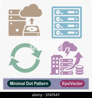Minimal Dot Pattern Cloud Backup, Server Hard Drive Array, System Sync, and Hybrid Cloud Infrastructure Vector Icons Set Stock Vector