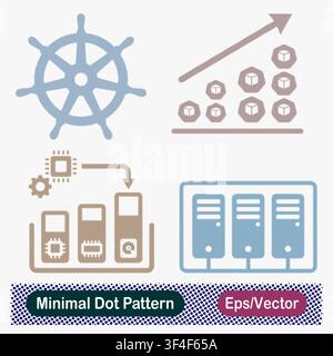Minimal Dot Pattern Kubernetes Steering, Scalable Cluster Growth, Resource Allocation, and Server Farm Vector Icons Set Stock Vector