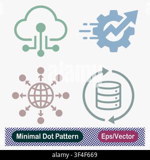 Minimal Dot Pattern Cloud Network, Process Optimization, Global Distribution, and Database Backup Vector Icons Set Stock Vector