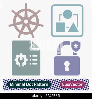 Minimal Dot Pattern Kubernetes Orchestration, UI Design Layout, Configuration Document, and Secure Padlock Vector Icons Set Stock Vector