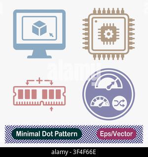 Minimal Dot Pattern 3D Modeling, CPU Processor, RAM Expansion, and System Benchmarking Vector Icons Set Stock Vector