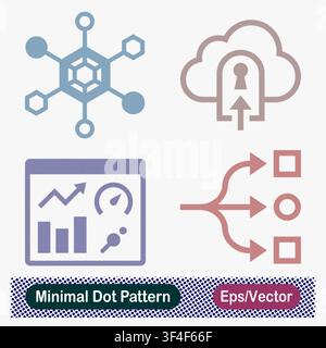 Minimal Dot Pattern Blockchain Network, Cloud Portal Access, Analytics Dashboard, and Data Routing Vector Icons Set Stock Vector