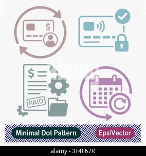 Minimal Dot Pattern Subscription Payment, Secure Credit Card, Paid Invoice, and Recurring Schedule Vector Icons Set Stock Vector