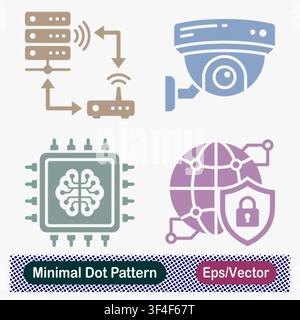 Minimal Dot Pattern Wireless Network, CCTV Surveillance, AI Processor, and Global Security Vector Icons Set Stock Vector