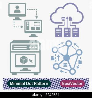 Minimal Dot Pattern Cloud Backup, Server Virtualization, and Network Sharing Vector Icons Set Stock Vector