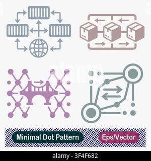Minimal Dot Pattern Global Logistics, Supply Chain, Network Bridge, and Data Flow Vector Icons Set Stock Vector