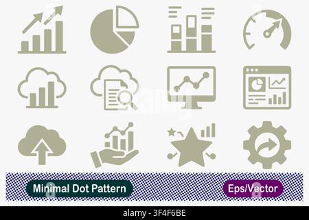 Vector icon set for business analytics, data visualization, and cloud computing, featuring growth charts, pie charts, performance gauges, and reportin Stock Vector
