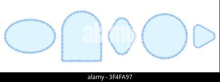 Light blue laurel vine borders outline oval, arch, circle plus triangle frames as minimal botanical wedding trim isolated on white for invitation labels, tags or greeting card layout designs. Stock Vector