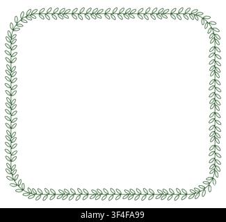 Green laurel vine border forms a rounded square frame as minimal botanical wedding ornament isolated on white for invitation labels, menus or clean stationery layout design projects. Stock Vector