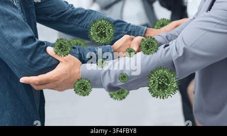Two men shaking hands, viruses spreading all over their arms Stock Photo