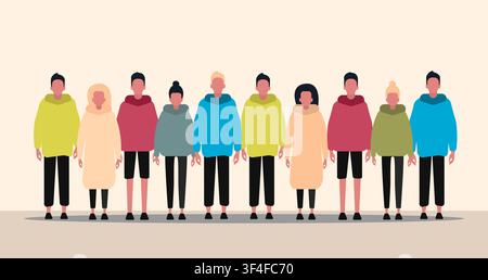 Group of diverse people standing in row on color background, vector illustration in flat style Stock Vector