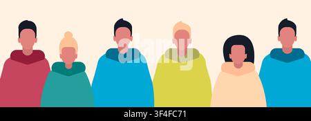 Community and togetherness. Different people standing in line, vector illustration in flat style. Panorama Stock Vector