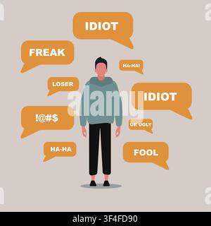 Anti cyber bullying. Teenage guy surrounded by abusive comments on grey background, vector illustration in flat style Stock Vector