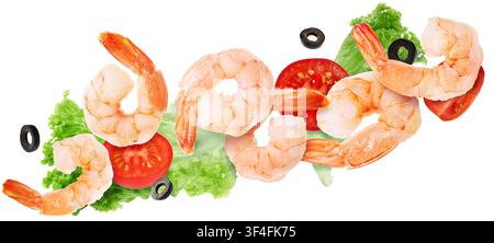 Shrimps, tomatoes, lettuce leaves and olive slices falling against white background Stock Photo