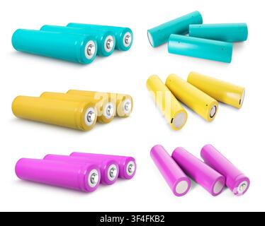 Alkaline batteries in different colors isolated on white, set Stock Photo