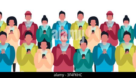 Internet addiction. Group of people using their mobile phones, vector illustration in flat style. Panorama Stock Vector