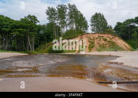 Small River Flowing into Baltic Sea Along Sandy Beach in Latvia Surrounded by Coastal Nature Landscape Stock Photo