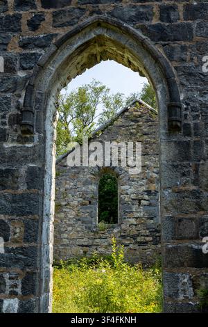 Abandoned Roofless Church Ruins Overgrown with Vegetation Stock Photo