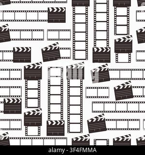 Seamless Pattern With 35mm Film Strip And Movie Clapperboard On White Background. Cinema Production. Square Vector Illustration. Light Mode. Blank Stock Vector