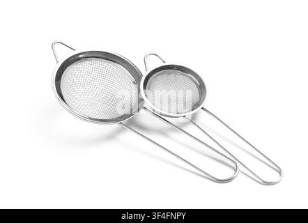 Two stainless steel kitchen strainers with fine mesh and long handles, cooking and baking utensils, isolated on a white background Stock Photo
