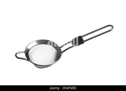 Stainless steel tea strainer with black handle, kitchen utensil for sifting and filtering, isolated on a white background Stock Photo