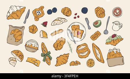 Hand drawn morning breakfast and bakery clipart set vector doodle illustration Stock Vector
