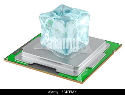 Melting ice cube on computer processor for CPU cooling and overheating concept. 3D rendering isolated on white background Stock Photo