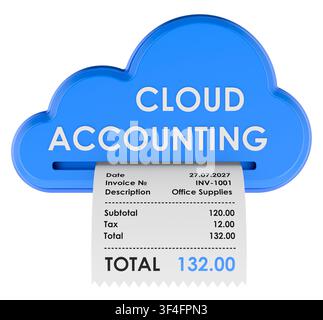 Cloud accounting icon printing invoice receipt for online bookkeeping. 3D rendering isolated on white background Stock Photo
