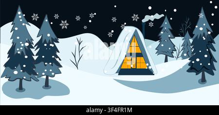Minimalist Winter Illustration Vector Single Cozy A-Frame Cabin with Glowing Windows Snow on Roof and Pine Trees for Christmas Holiday Greeting Card Stock Vector