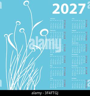2027 calendar with abstract blue and white flower design on white background. Stock Vector