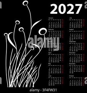 2027 calendar with abstract black and white flower design on white background. Stock Vector