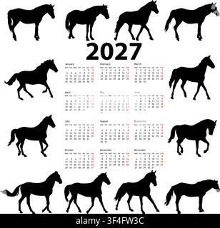 2027 calendar with horse silhouettes on white background. Stock Vector