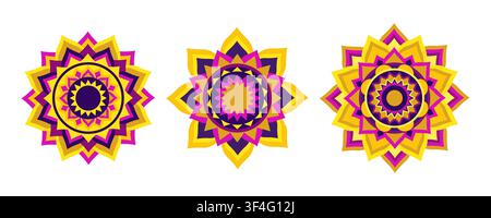 Set of three colorful Diwali mandala rangoli icons isolated on white background. Indian culture. Colorful floral geometric ornaments. Flat style. Vect Stock Vector