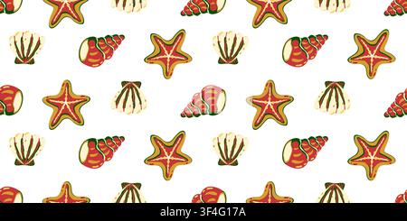 Seamless pattern with cartoon seashells, starfish, and sea shells isolated on white background. Flat style. Vector illustration Stock Vector