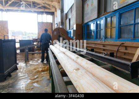 Worker operating wood processing machinery at a sawmill, shaping and rounding timber logs on production line with sawdust covering the floor, motion b Stock Photo