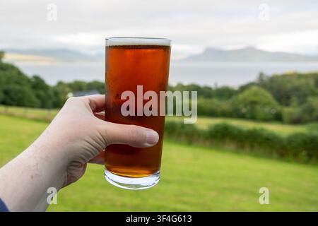 Close-Up of Hand Holding a Glass of Beer with Green Field Background Stock Photo
