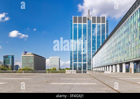 City of Brussels in Belgium, Europe. Modern Cityscape with Glass Office Buildings and Blue Sky: Architectural Scene with Empty Paved Plaza Stock Photo