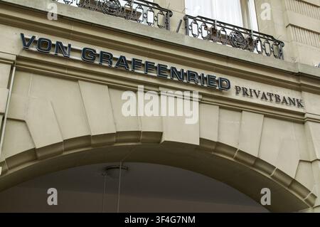 Bern, Switzerland - 10th June 2026: Low angle close up view of the Von Graffenried Privatbank logo sign mounted on the historical facade in Bern Stock Photo