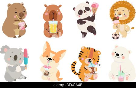 Animals drinking cold drinks. Cute dog, tiger, capybara drink bubble tea. Funny animal eating ice cream. Characters with food and beverage, nowaday Stock Vector