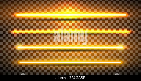 Gold lazer straight lines pack isolated. Neon glowing laser beam effect with shadows. Fluorescent LED electric luminous line. Led light halogen dynami Stock Vector