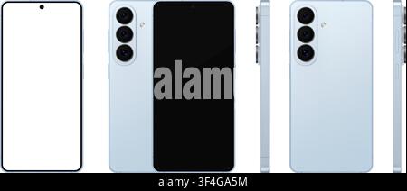 Detailed blue mobile phone with stylus mockup. Front, rear and side view isolated on transparent background. Vector PNG Stock Vector