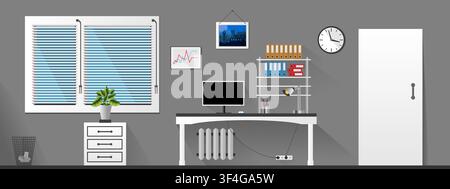 Flat vector interior office room with modern furniture in grey and white style. Vector illustration Stock Vector