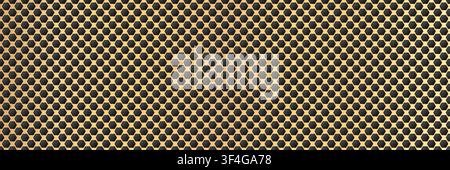 Gold seamless perforated metal sheet realistic texture. Metal chrome grill plate with small octagon holes. Modern design carbon radiator bg. Macro spe Stock Vector