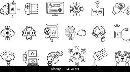 Ai doodle icons. Modern technologies progress, smart artificial intelligence for helping people. Conversation, community, cooperation in digital Stock Vector